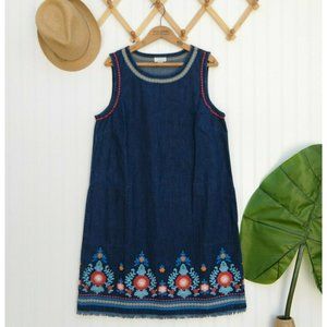 J Jill Sleeveless Denim Dress Size M Floral Embroidered Blue Knee Length Shift